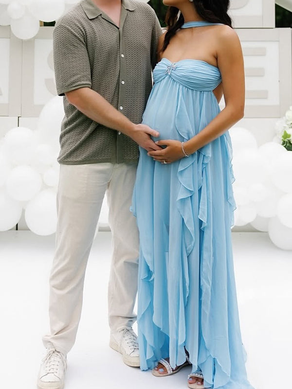 Vestido Largo De Maternidad Elegante Con Sin Tirantes Y Volantes Para Baby Shower