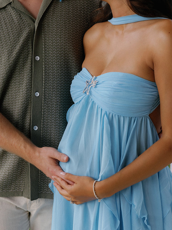 Vestido Largo De Maternidad Elegante Con Sin Tirantes Y Volantes Para Baby Shower