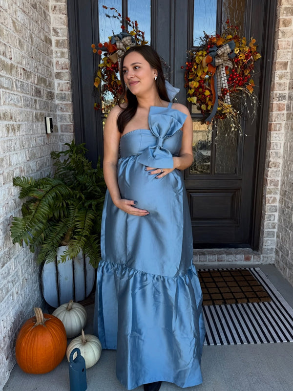 Vestido Maxi Maternidad Elegante de Un Hombro con Lazo para Baby Shower