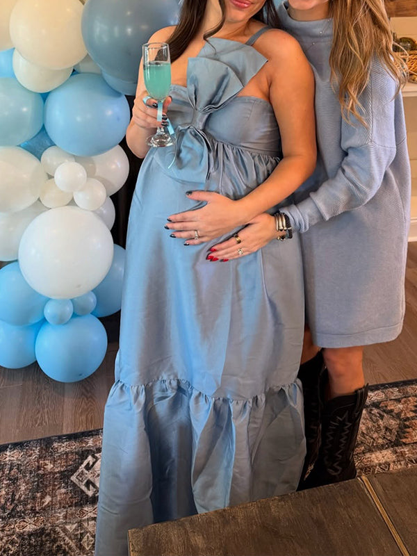 Vestido Maxi Maternidad Elegante de Un Hombro con Lazo para Baby Shower