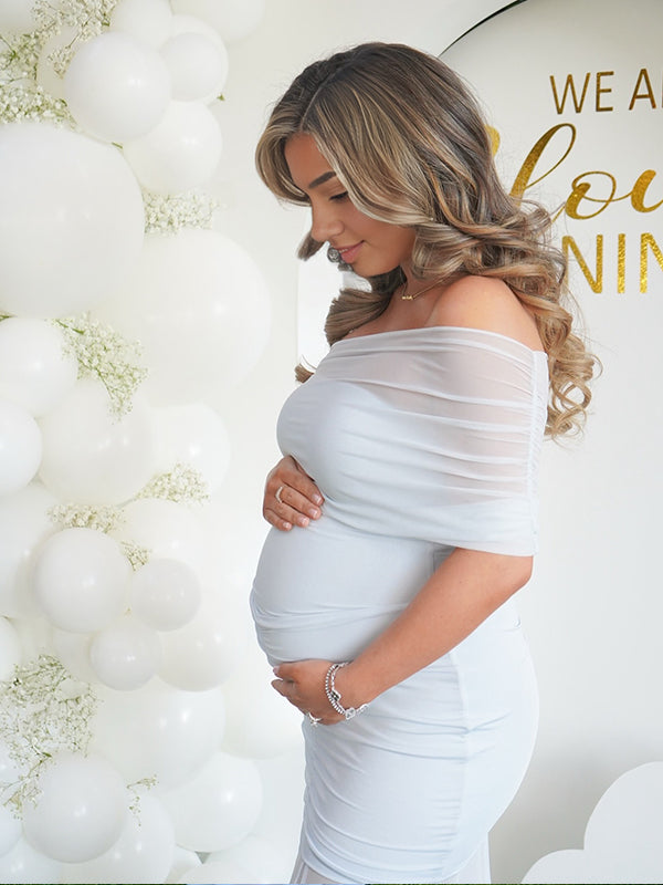 Vestido Largo Elegante De Maternidad Para Baby Shower Con Hombros Descubiertos