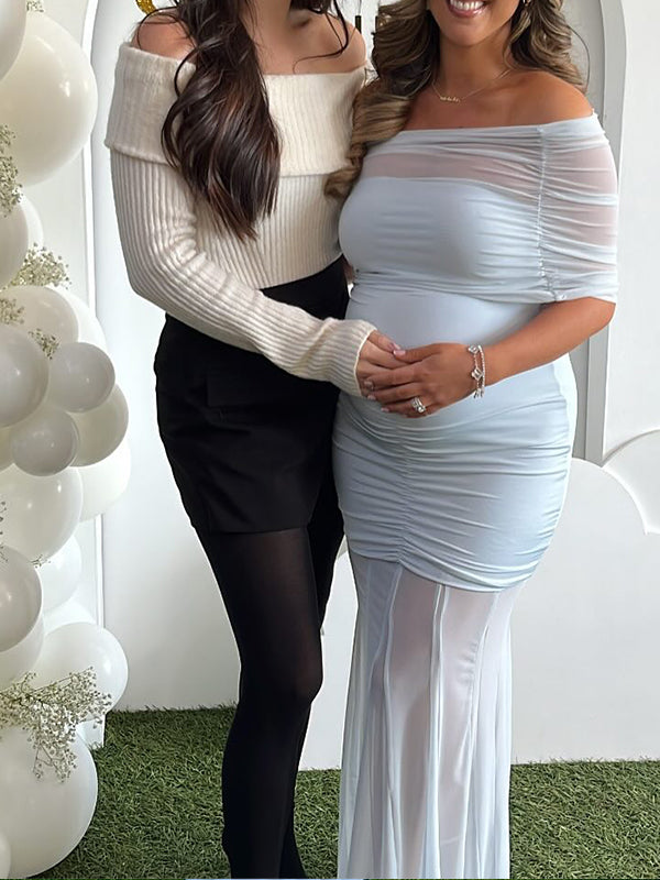 Vestido Largo Elegante De Maternidad Para Baby Shower Con Hombros Descubiertos