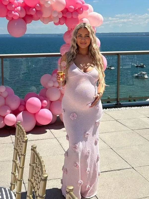 Vestido Maxi Elegante De Maternidad Para Baby Shower Con Espalda Descubierta Y Flores 3D Tejidas