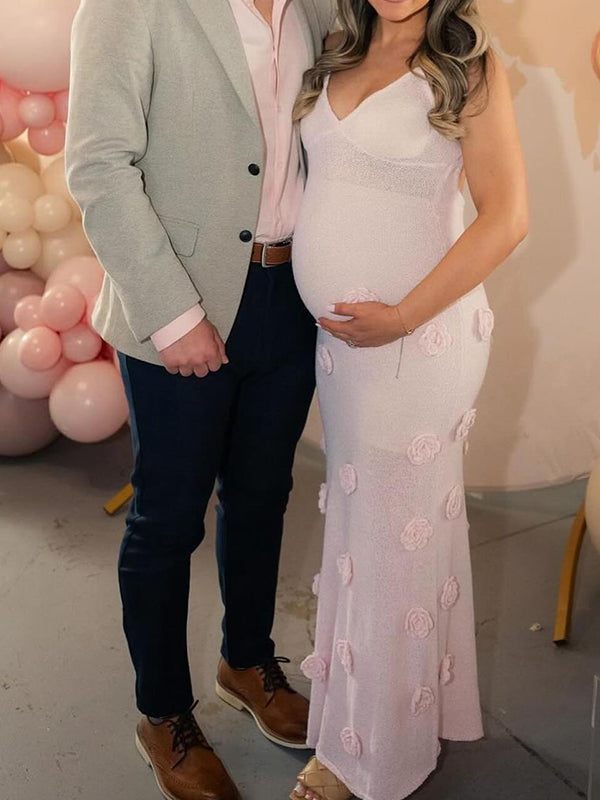 Vestido Maxi Elegante De Maternidad Para Baby Shower Con Espalda Descubierta Y Flores 3D Tejidas