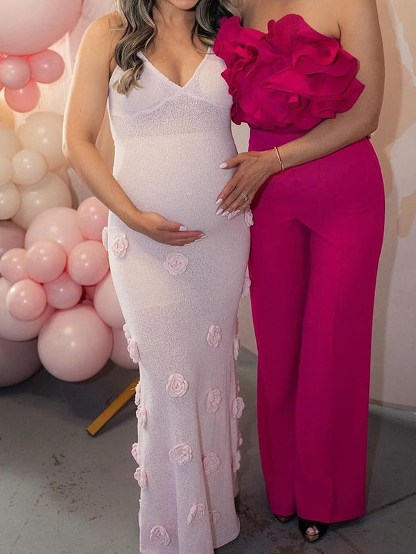 Vestido Maxi Elegante De Maternidad Para Baby Shower Con Espalda Descubierta Y Flores 3D Tejidas
