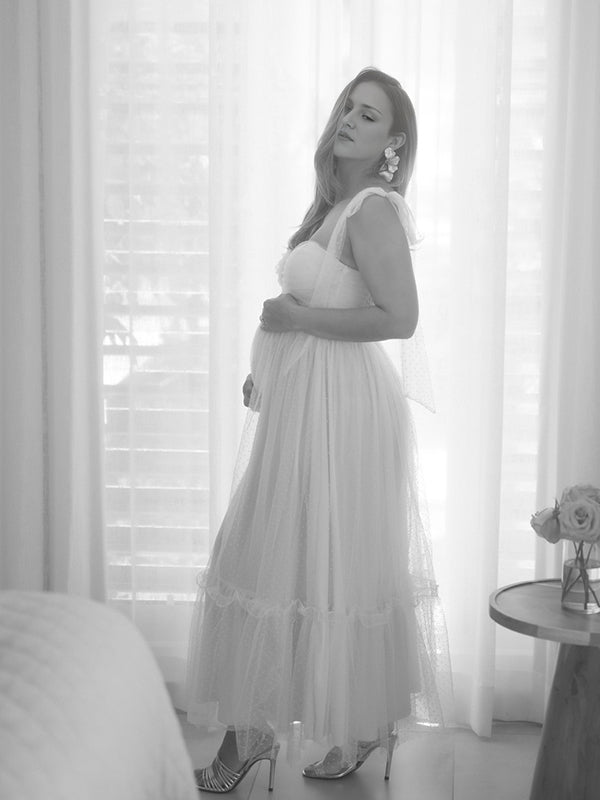 Vestido Maxi De Maternidad Elegante Con Lunares Y Gran Vuelo Para Sesión De Fotos