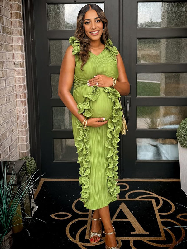 Vestido Maxi Maternidad Elegante con Volantes y Pliegues para Baby Shower