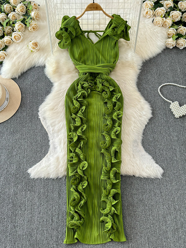 Vestido Maxi Maternidad Elegante con Volantes y Pliegues para Baby Shower