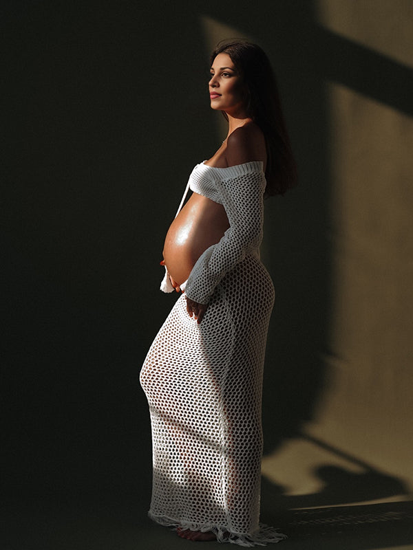 Vestido de Maternidad con Corte de Ganchillo y Top Corto