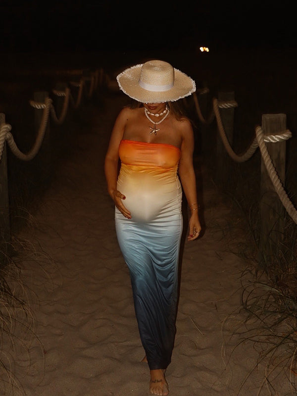 Vestido Maxi Elegante De Maternidad Con Abertura En La Espalda Y Bandeau