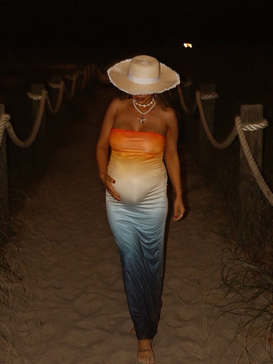 Vestido Maxi Elegante De Maternidad Con Abertura En La Espalda Y Bandeau