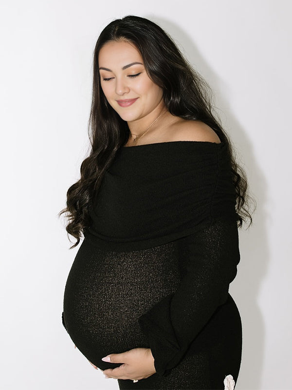 Vestido Maxi Maternidad con Flores 3D y Hombros Descubiertos para Sesión de Fotos