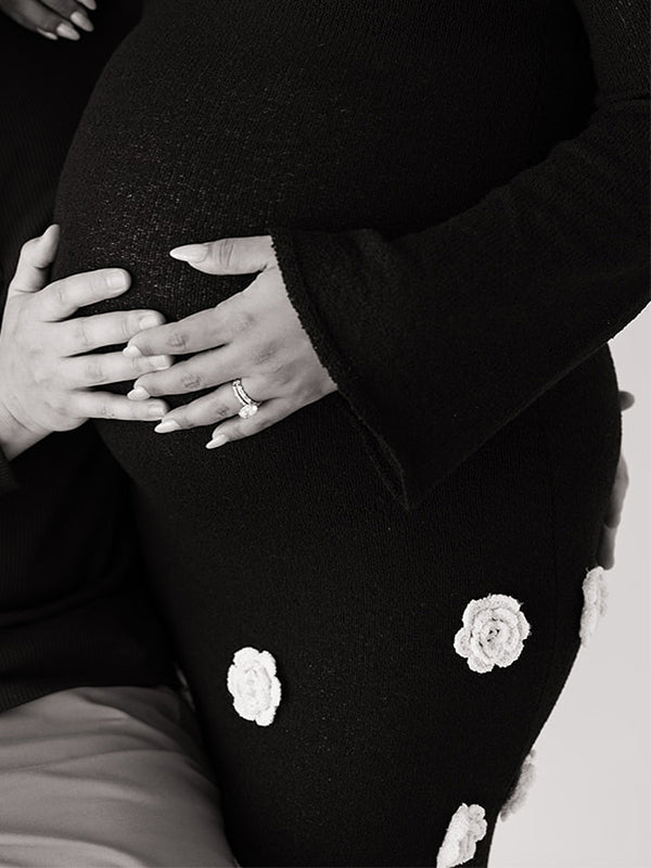 Vestido Maxi Maternidad con Flores 3D y Hombros Descubiertos para Sesión de Fotos