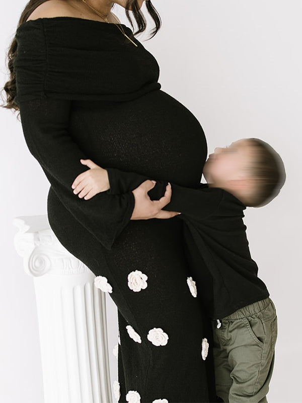Vestido Maxi Maternidad con Flores 3D y Hombros Descubiertos para Sesión de Fotos