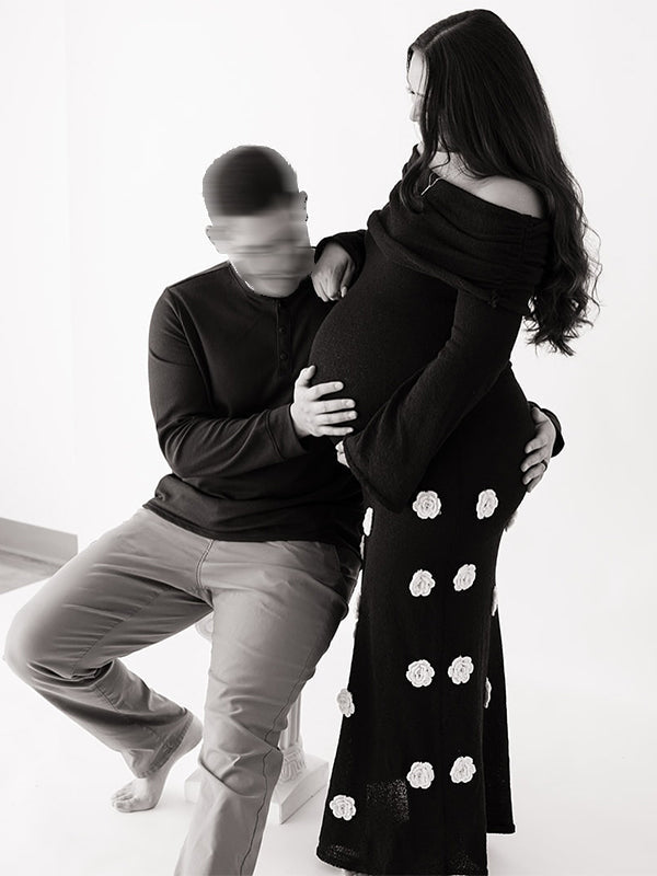Vestido Maxi Maternidad con Flores 3D y Hombros Descubiertos para Sesión de Fotos