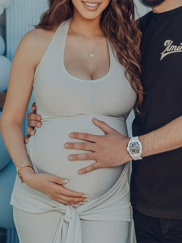 Vestido Largo De Maternidad Con Cuello Halter Y Retorcido Brillante Para Baby Shower