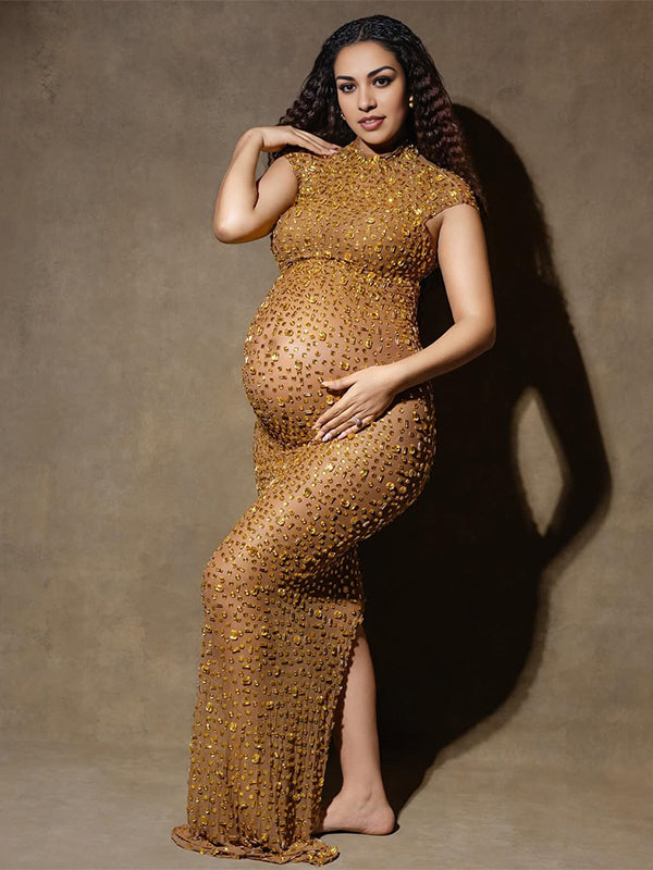 Vestido Maxi Maternidad con Espalda Transparente de Rhinestone para Fotos