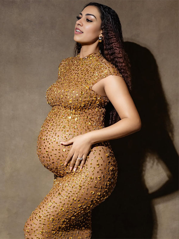 Vestido Maxi Maternidad con Espalda Transparente de Rhinestone para Fotos