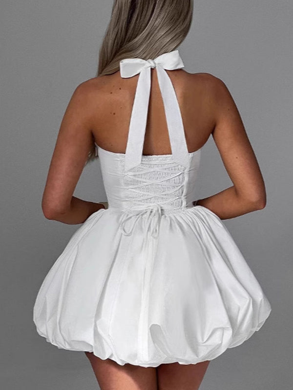 Vestido Mini Maternidad Elegante con Espalda Lace-up, Sin Espalda y Escote Halter