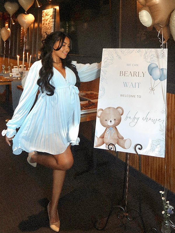 Mono Corto Elegante De Maternidad Con Cinturón Plisado Y Botonadura Sencilla Para Baby Shower