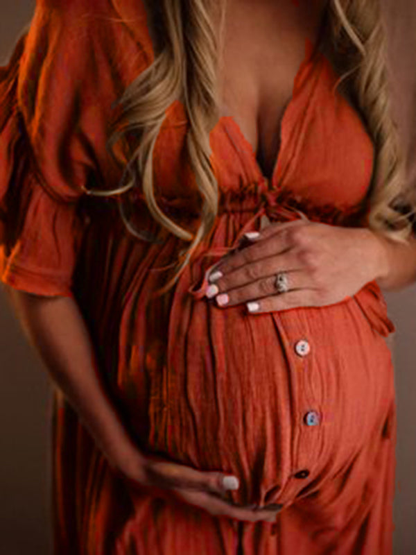 Rojo Cordón Un Solo Pecho Volantes Espalda Anudada Fotografía Maternidad Vestido Largo