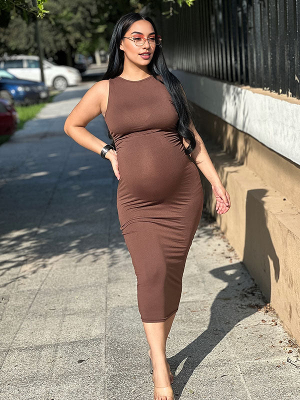 Vestido Para Embarazadas Con Cuello Redondo Y Entallado Sin Mangas