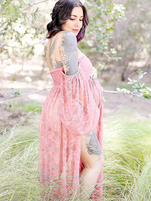 Encaje Escote palabra de honor Manga Globo Falda maxi vestidos para fotos de maternidad