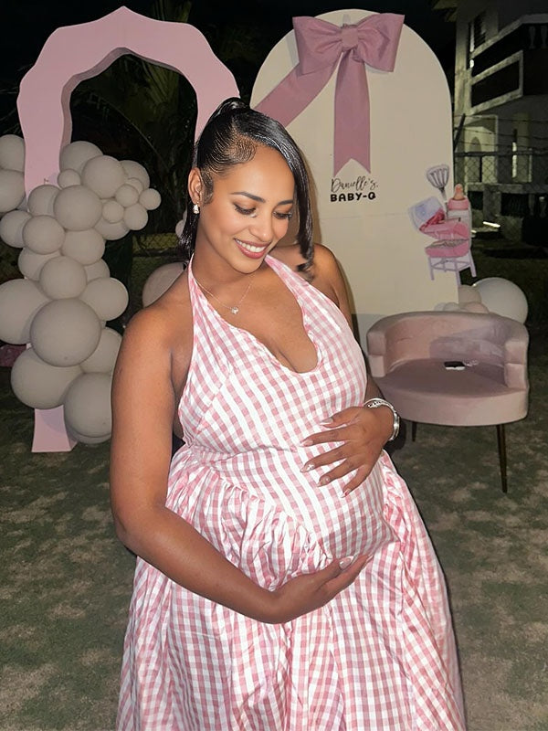 Cuello halter Falda amplia cuadros Fotografía Fiesta vestidos para embarazadas