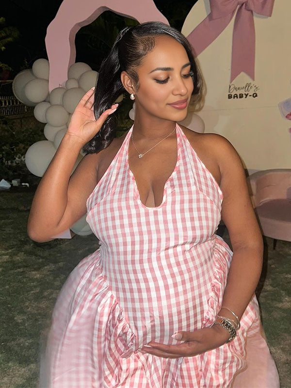 Cuello halter Falda amplia cuadros Fotografía Fiesta vestidos para embarazadas