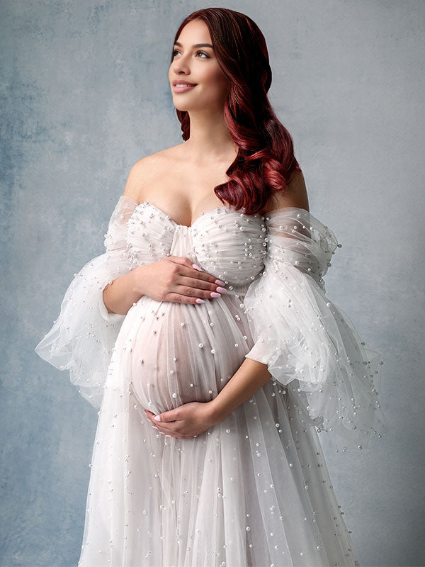 Tul Falda amplia Manga Globo Perlas vestidos para fotos de maternidad