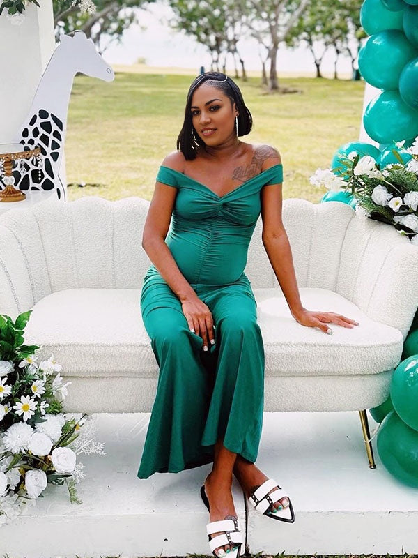 Vestido Para Embarazadas Con Cuello Bardot Entallado Abertura Fiesta