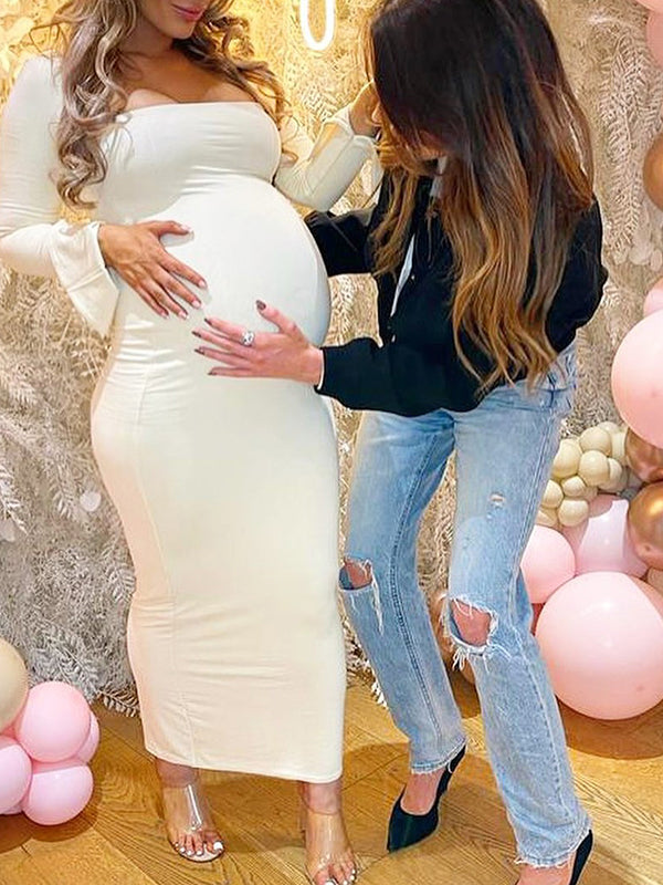 Blanco Elegante Manga Acampanad Cuello Cuadrado Ajustado Vestidos Para Baby Shower