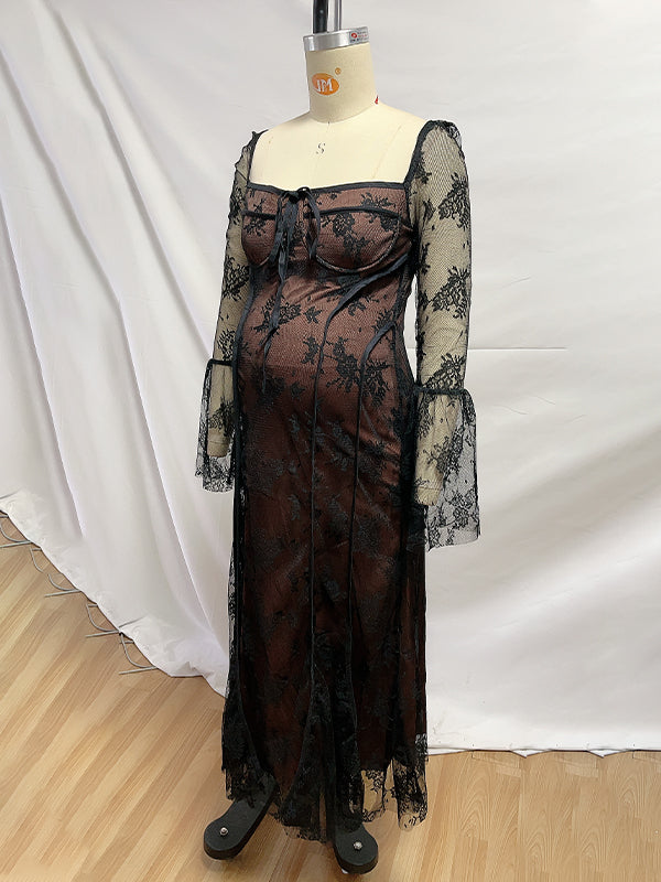 Vestido Largo De Maternidad Con Lazo De Encaje, Mangas Acampanadas Y Encaje Para Baby Shower