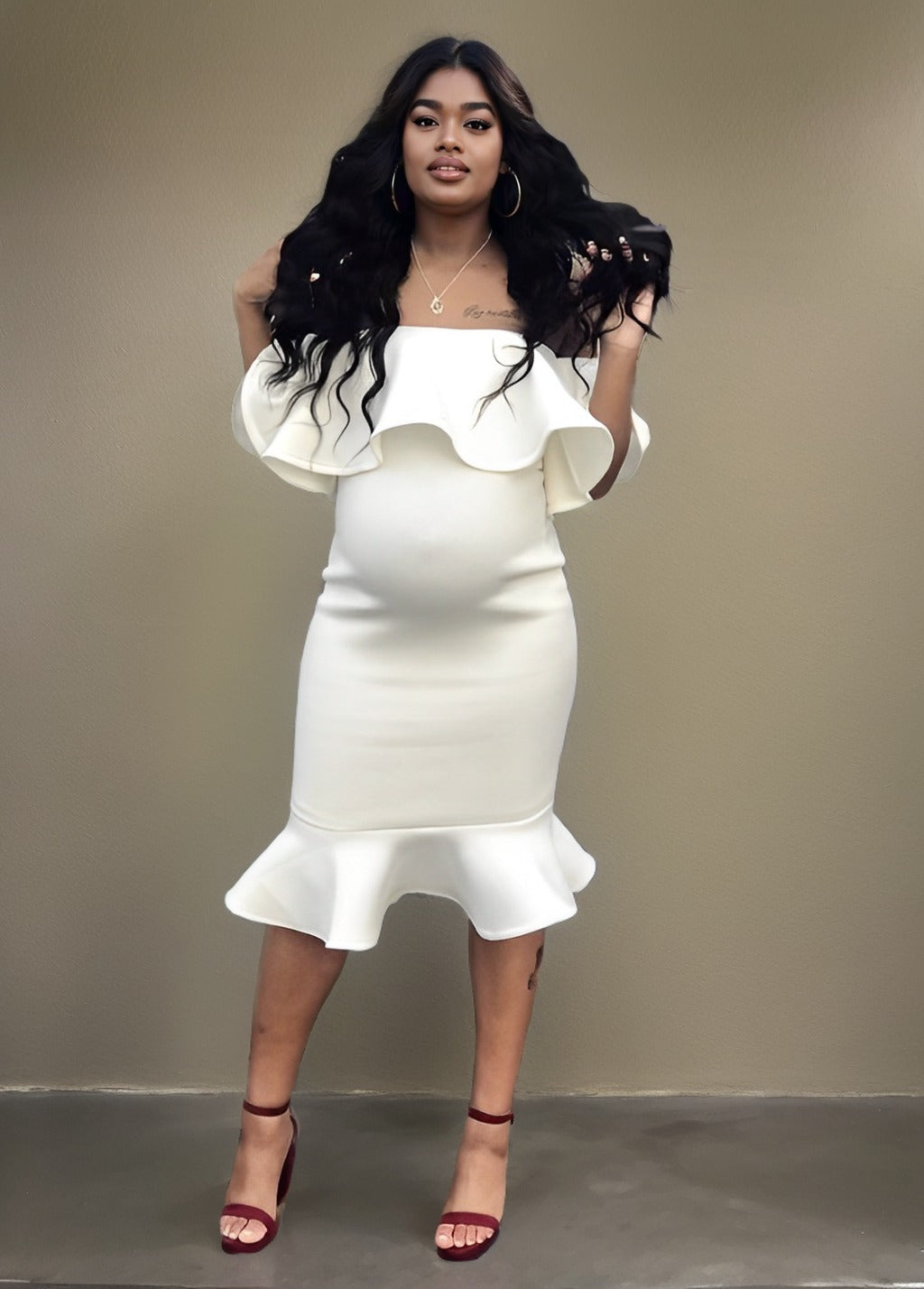 Vestido Maxi de Maternidad Elegante con Volantes y Hombros Descubiertos, Tipo Sirena para Baby Shower