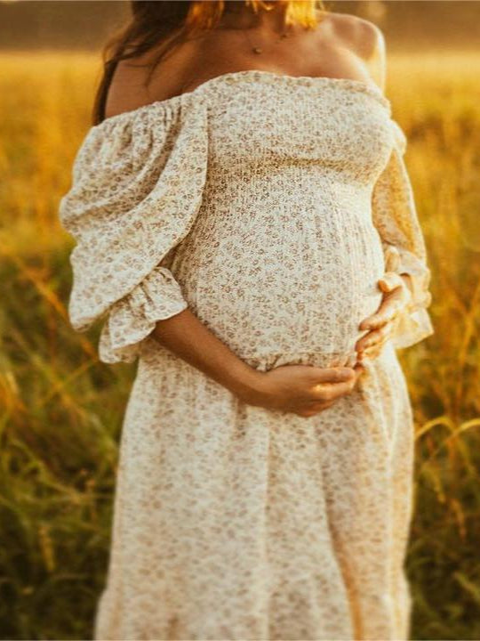 Blanco Volantes Acanalado Cintura Alta Manga Globo Bonito Vestidos De Foto De Maternidad
