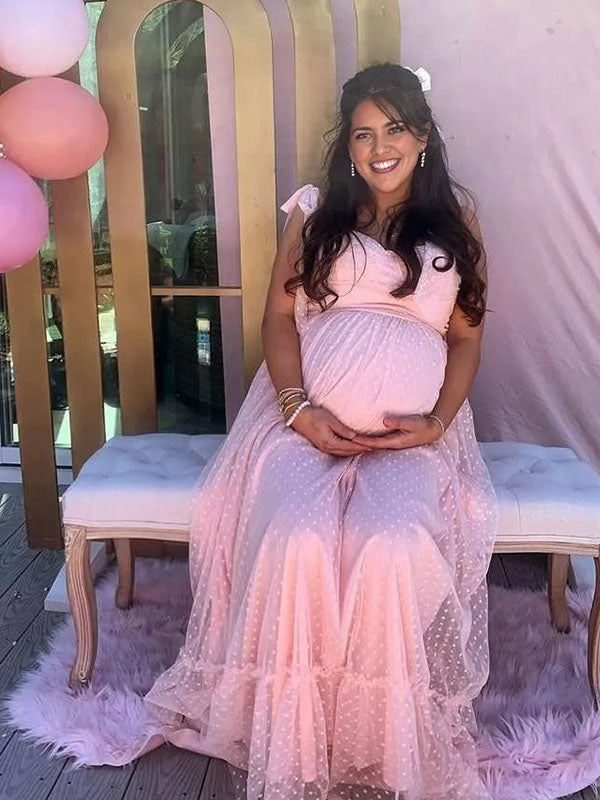 Rosa Tul Claro Lunares Volantes Tirantes Finos Con Lazo Bajo Evasé Vestido De Princesa Vestidos Para Baby Shower