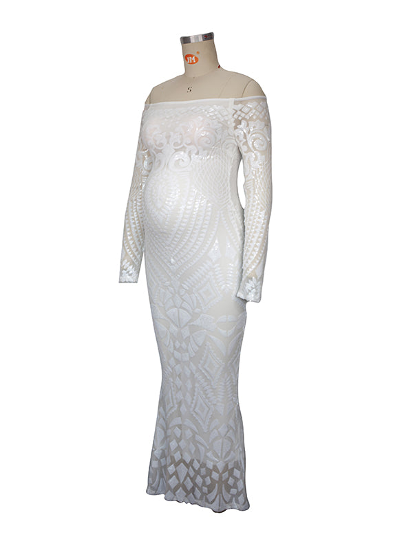 Blanco Encaje Lentejuelas Hombros Descubiertos Sirena Vestido De Novia Baby Shower Elegante Formal Vestidos De Foto De Maternidad
