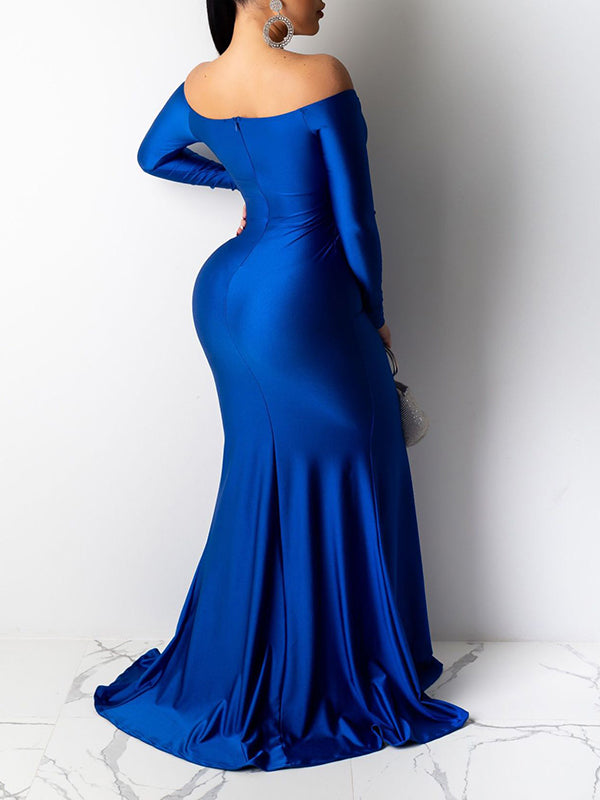 Azul Con Cuello Bardot Vestido Largo Alta Abertura Ajustado Vestidos Para Baby Shower Maternidad Vestido Largo