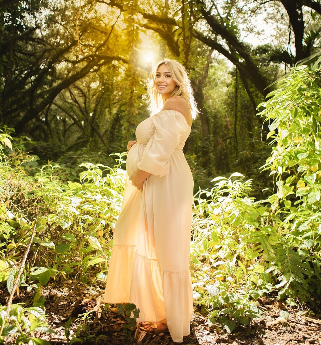 Volantes Cintura Alta Bohemio Fluido Manga Larga Talla Extra Vestido Largo De Foto De Maternidad