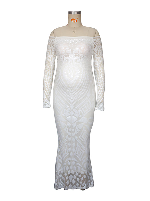 Blanco Encaje Lentejuelas Hombros Descubiertos Sirena Vestido De Novia Baby Shower Elegante Formal Vestidos De Foto De Maternidad