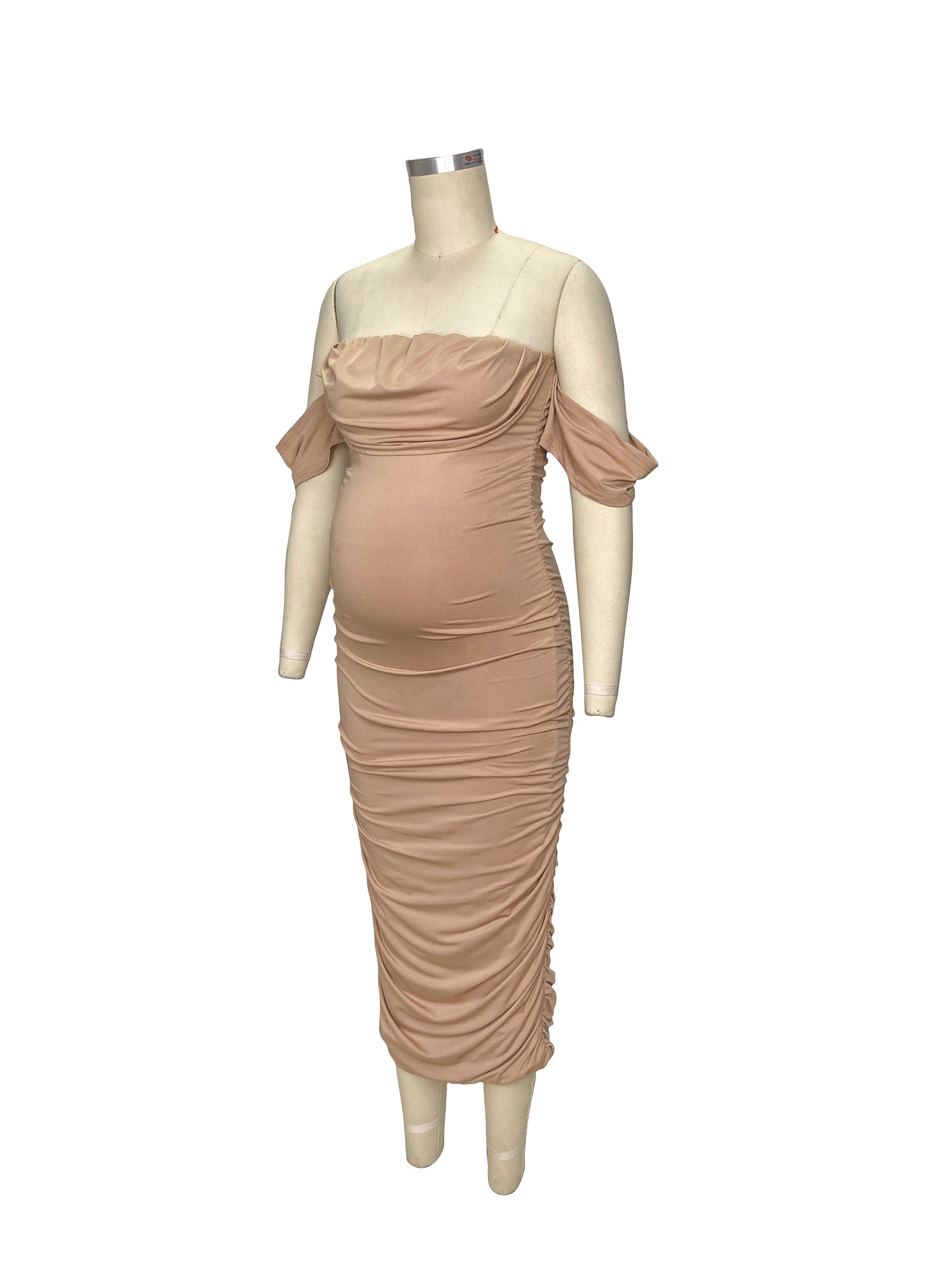 Caqui Acanalado Sin Hombros Amigable Con El Vientre Ajustado Para Baby Shower Maternidad Vestido Midi