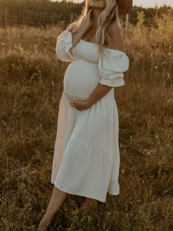 Blanco Volantes Acanalado Cintura Alta Manga Globo Bonito Vestidos De Foto De Maternidad