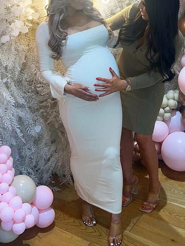 Blanco Elegante Manga Acampanad Cuello Cuadrado Ajustado Vestidos Para Baby Shower