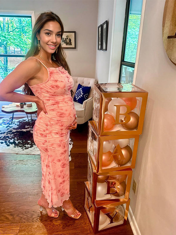 Rosa Floral Tul Acanalado Ajustado Bonito Revelación De Sexo Para Baby Shower Maternidad Vestido Midi