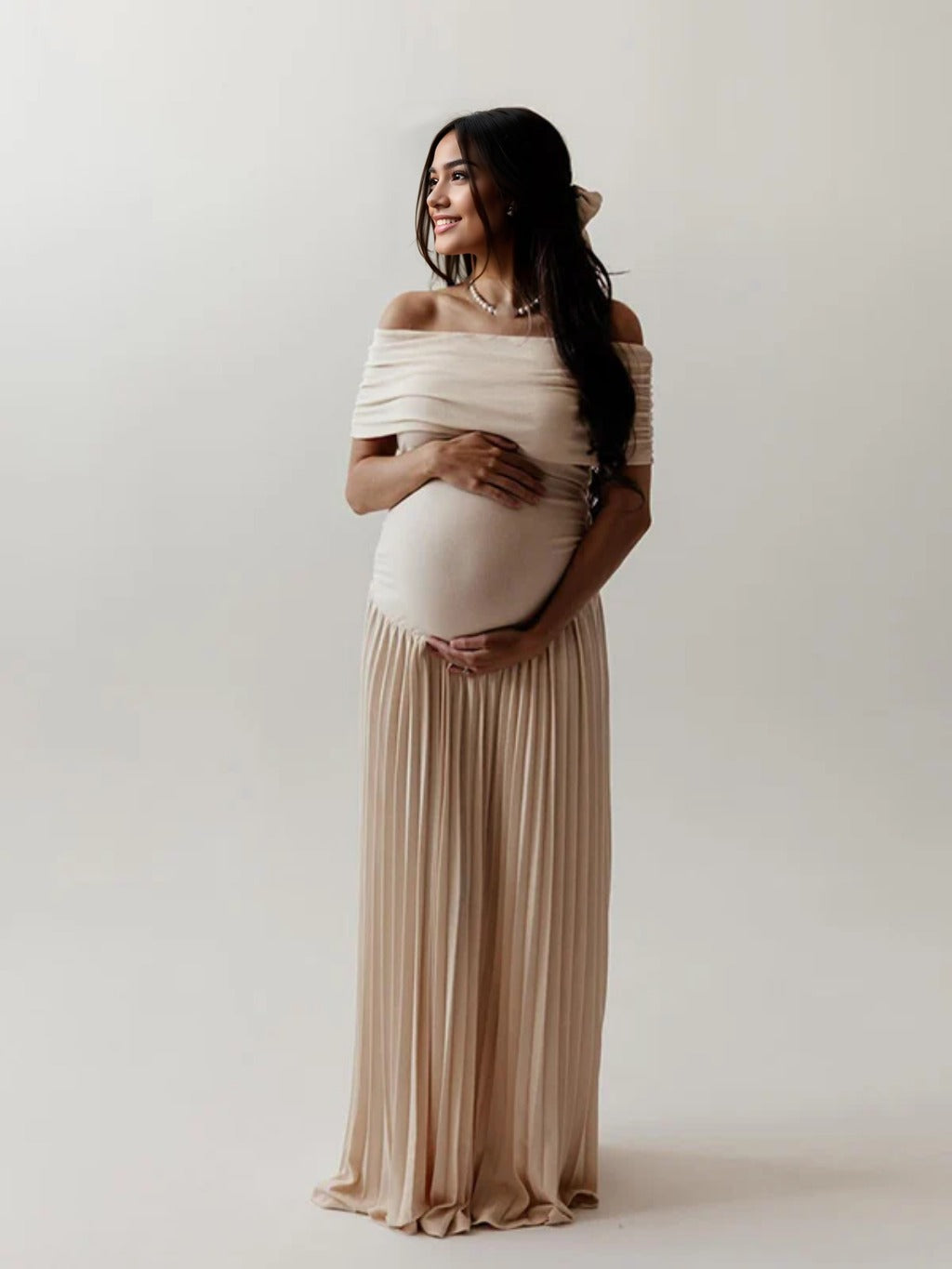 Albaricoque Sin Hombros Acanalado Plisado Big Swing Maxivestido De Maternidad Para Baby Shower