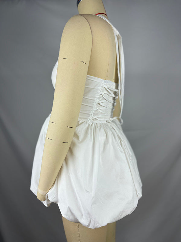 Blanco Corsé Puffball Encaje Volver Sin Espalda Cuadrado Cuello Halter Línea A Elegante Maternidad Baby Shower Mini Vestido