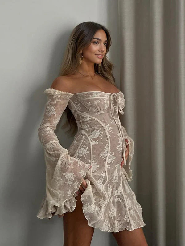 Blanco Encaje Sin Hombros Lazo Con Cordón Volante Manga Acampanada Elegante Baby Shower Minivestido Premamá