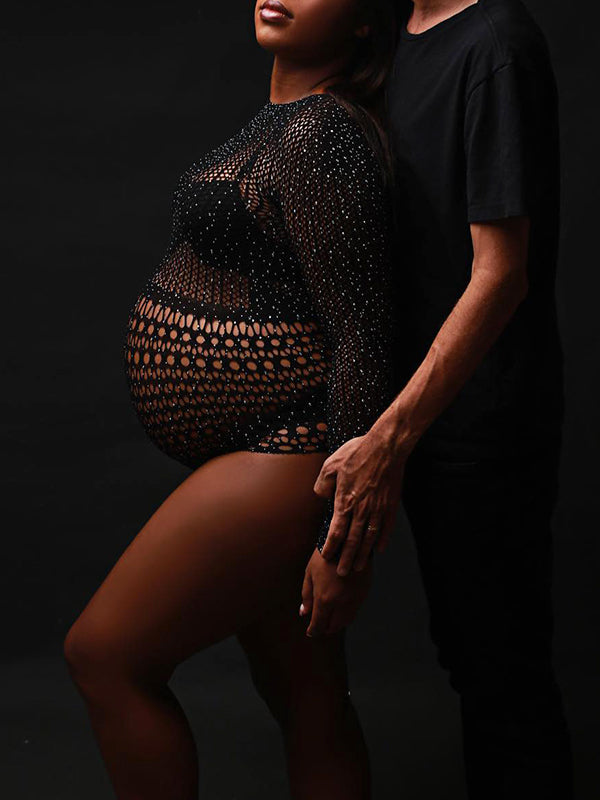 Mono Corto Body De Maternidad con Pedrería Punto Sheer Recorte para Sesión De Fotos