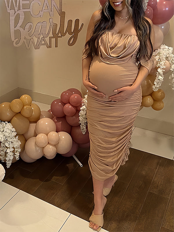 Caqui Acanalado Sin Hombros Amigable Con El Vientre Ajustado Para Baby Shower Maternidad Vestido Midi