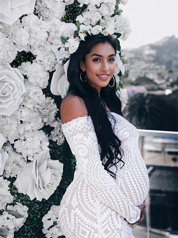 Blanco Encaje Lentejuelas Hombros Descubiertos Sirena Vestido De Novia Baby Shower Elegante Formal Vestidos De Foto De Maternidad